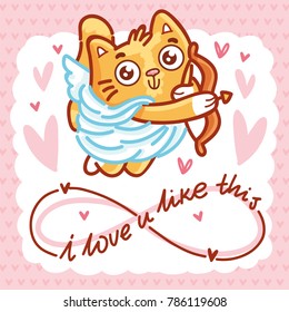 Cute ginger Cat as Cupid with bow and arrow, and lettering calligraphy text. I love you infinitely. Hand drawn, romantic love illustration in cartoon doodle style for card, poster, invitation