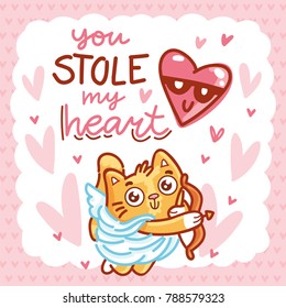 Cute ginger Cat as Cupid with bow and arrow, and lettering calligraphy text. You stole my heart. Hand drawn, romantic love illustration on hearts background in cartoon doodle style