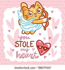 Cute ginger Cat as Cupid with bow and arrow, and lettering calligraphy text. You stole my heart. Hand drawn, romantic love illustration on hearts background in cartoon doodle style