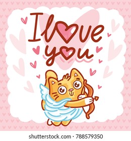 Cute ginger Cat as Cupid with bow and arrow, and lettering calligraphy text. I love you. Hand drawn, romantic love illustration on hearts background in cartoon doodle style