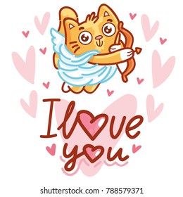 Cute ginger Cat as Cupid with bow and arrow, and lettering calligraphy text. I love you. Hand drawn, romantic love illustration on hearts background in cartoon doodle style