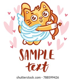 Cute ginger Cat as Cupid with bow and arrow and place for your text. Hand drawn love illustration on pink romantic background with hearts for greeting card, poster, printing design