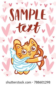 Cute ginger Cat as Cupid with bow and arrow and place for your text. Hand drawn love illustration on pink romantic background with hearts for greeting card, poster, printing design