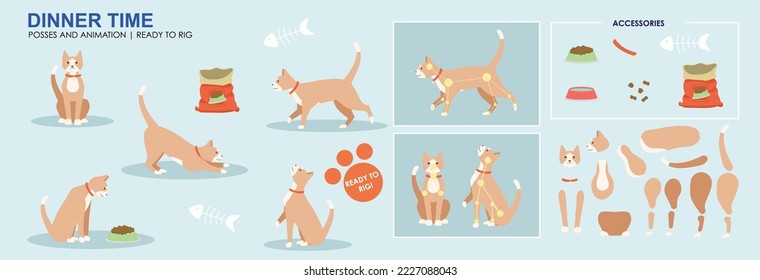 Cena de gatitos, tentempiés, pescado, poses múltiples, posiciones. Vector roto listo para manipular y animar, gato de dibujos animados jugando a comer. 