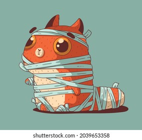 A cute ginger cat dressed as a mummy for a Halloween costume party	