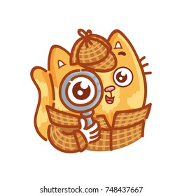 Cute ginger Cat dressed as Sherlock Holmes looking through magnifying glass. Set of kitty, kitten character in vector hand drawn style, doodle cartoon illustration. As mascot, sticker, emoji, emoticon