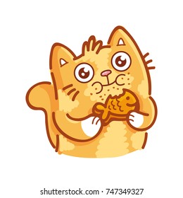 Cute ginger Cat: eating food, meal, chew, hungry emotion, holding cookie. Set of kitty, kitten characters in vector hand drawn style, doodle cartoon illustrations. As mascot, sticker, emoji, emoticon