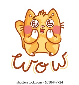 Cute Ginger Cat Excited With Admiring Look And Googly Eyes Saying Wow. Hand Drawn Character Art Illustration In Cartoon Style As Logo, Mascot, Sticker, Emoji, Emoticon