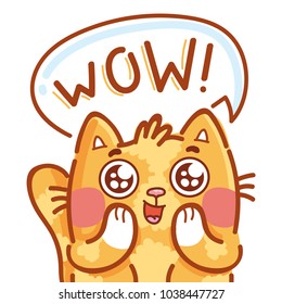 Cute ginger Cat excited with admiring look and googly eyes saying Wow. Hand drawn character art illustration in cartoon style as logo, mascot, sticker, emoji, emoticon