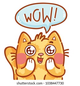 Cute ginger Cat excited with admiring look and googly eyes saying Wow. Hand drawn character art illustration in cartoon style as logo, mascot, sticker, emoji, emoticon