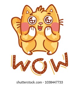 Cute Ginger Cat Excited With Admiring Look And Googly Eyes Saying Wow. Hand Drawn Character Art Illustration In Cartoon Style As Logo, Mascot, Sticker, Emoji, Emoticon