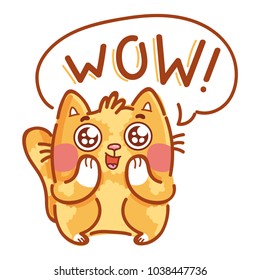 Cute ginger Cat excited with admiring look and googly eyes saying Wow. Hand drawn character art illustration in cartoon style as logo, mascot, sticker, emoji, emoticon