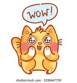 Cute Ginger Cat Excited With Admiring Look And Googly Eyes Saying Wow. Hand Drawn Character Art Illustration In Cartoon Style As Logo, Mascot, Sticker, Emoji, Emoticon