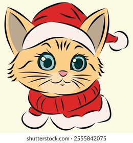 A cute ginger cat face with big, bright eyes, wearing a festive Christmas outfit featuring a fluffy Santa hat and a cheerful expression.