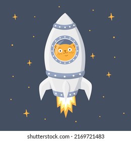 A cute ginger cat flies in a spaceship. The rocket flies into space. Children's vector illustration 