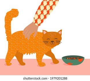 Cute ginger cat with a full bowl of dry food. Hand of a happy pet owner. Stroking the cat. Vector illustration. Cartoon style