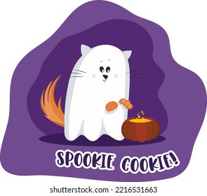 Cute ginger cat ghost cartoon character with pumpkin pot cooking