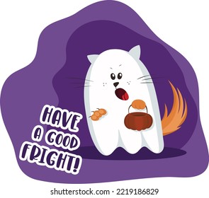 Cute ginger cat ghost cartoon character illustration. Halloween concept