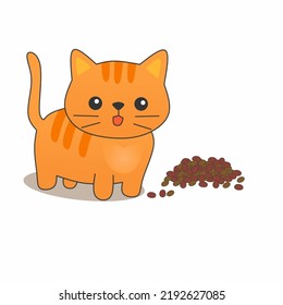 Cute ginger cat with a heap of dry food. Smiling cat. Doodle cat. Vector illustration on white background. For cards, posters, t shirt design, logo, for textile print, poster, sticker.