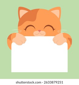 Cute ginger cat holding blank paper banner. Vector illustration
