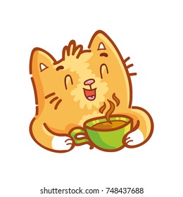 Cute ginger Cat holding cup of beverage, coffee or tea, drinking, have a break. Set of kitty, kitten character in vector hand drawn style, doodle cartoon illustration. As mascot, sticker, emoticon