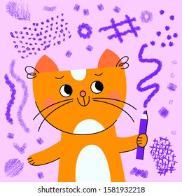 Cute ginger cat holding pencil. Light purple background with different pencil strokes. Vector cartoon illustration
