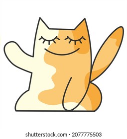 Cute ginger cat icon. Scribble. A minimalistic tricolor kitten waving his paw. Isolated flat vector illustrations. Linear art of abstract cats for design of clothes, bags, glass, book covers, murals.