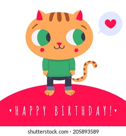 Cute ginger cat in jeans and sweater with speech bubble and heart illustration (Happy birthday card and background)