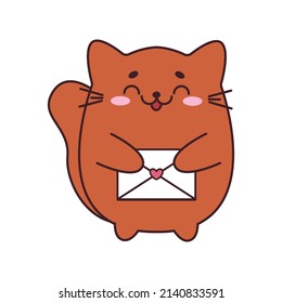 Cute ginger cat with a kawaii-style envelope. A fat domestic cat. Vector illustration.
