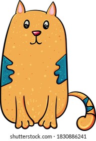 Cute ginger cat or kitten with blue spots, Vector doodle illustration 