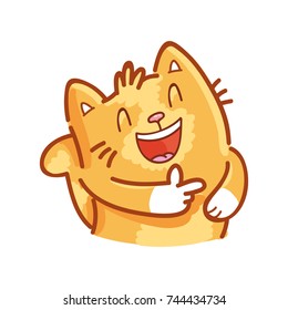 Cute ginger Cat: laughing pointing finger, kidding, joking, happy emotion. Set of kitty, kitten character in vector hand drawn style, doodle cartoon illustrations. As logo, mascot, sticker, emoji