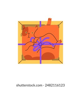 Cute ginger cat lies inside in cardboard box vector flat illustration. Cartoon fluffy domestic animal in gift box decorated with bow. Funny hiding kitten, feline pet looking out view from above