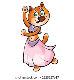 cute ginger cat in a long dress dancing, cartoon illustration, isolated object on a white background, vector, eps
