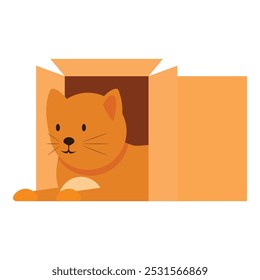 Cute ginger cat is lying in a cardboard box and looking curious