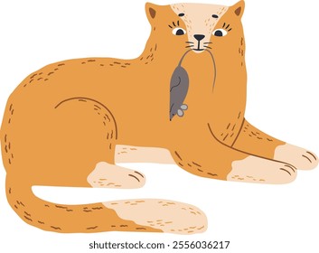 Cute ginger cat lying down holding a gray mouse in its mouth, simple cartoon illustration on white background, concept of pet, hunting, predator and prey