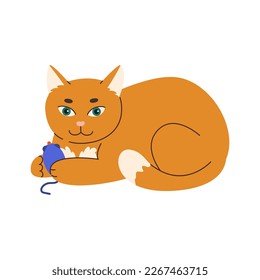 Cute ginger cat lying with a toy mouse. Cat holds a mouse in his paws. Domestic animal flat vector illustration