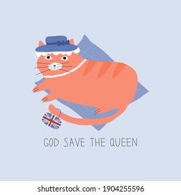Cute ginger cat on a blue pillow with a blue hat on her head. Orange cat with handbag and british flag on her tail. "God save the queen" funny card. 