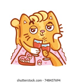 Cute ginger Cat on a date, winking, drinking wine and eating candy. Set of kitty, kitten character in vector hand drawn style, doodle cartoon illustration. As mascot, sticker, emoji, emoticon