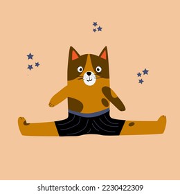 Cute ginger cat en twine al estilo de las caricaturas. Atleta de gato con pantalones cortos. Ilustración creativa para niños con un gato encantador. Ilustración vectorial con fondo aislado de color beige. 