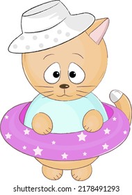 cute ginger cat in a panama hat and with a swim ring