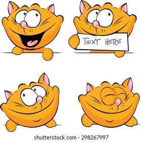 cute ginger cat peeking out, holding tag, sleeping and smiling on whit a background - vector cartoon