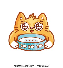 Cute ginger Cat pitifully ask for food, hungry, starving emotions holding bowl, with googly eyes. Set of kitty, kitten character in vector hand drawn style, doodle cartoon illustration.