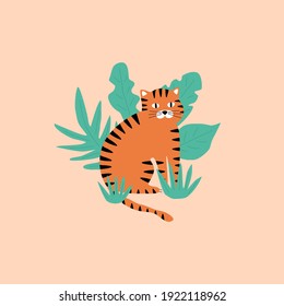 Cute ginger cat and plants. Funny tiger and jungle. Cartoon vector illustration.
