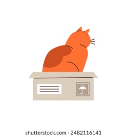 Cute ginger cat playing and sitting inside in cardboard box vector flat illustration. Funny hiding kitten, looking out view from the back. Cartoon fluffy domestic animal in package box, feline cat pet