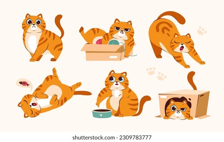 Cute ginger cat is playing, sleeping, eating. A set of funny illustrations of the life of a pet. Playful cat poses. Cartoon vector illustration.