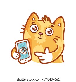 Cute Ginger Cat Pointing Finger On The Phone, Asking Or Saying To Call Back. Set Of Kitty, Kitten Character In Vector Hand Drawn Style, Doodle Cartoon Illustration. As Mascot, Sticker, Emoji, Emoticon