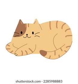 Cute ginger cat in a reclining pose. Vector illustration of a funny striped cat. Domestic cat lying down. Hand drawn kitten. White isolated background.