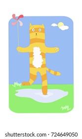 Cute ginger cat with red children windmill having a walk on a sunny summer day. Vector illustration. Cartoon style.