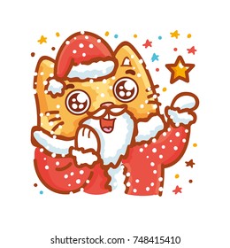 Cute ginger Cat as Santa Claus making magic with stars, fireworks, googly eyes, snow. Set of kitty, kitten character for Christmas celebration. In vector hand drawn style cartoon illustration