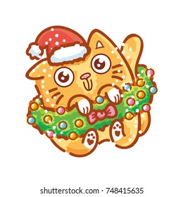 Cute ginger Cat as Santa Claus: funny, playful wrapped in Christmas tree branch with snow. Set of kitty, kitten character for Christmas celebration. In vector hand drawn style cartoon illustration